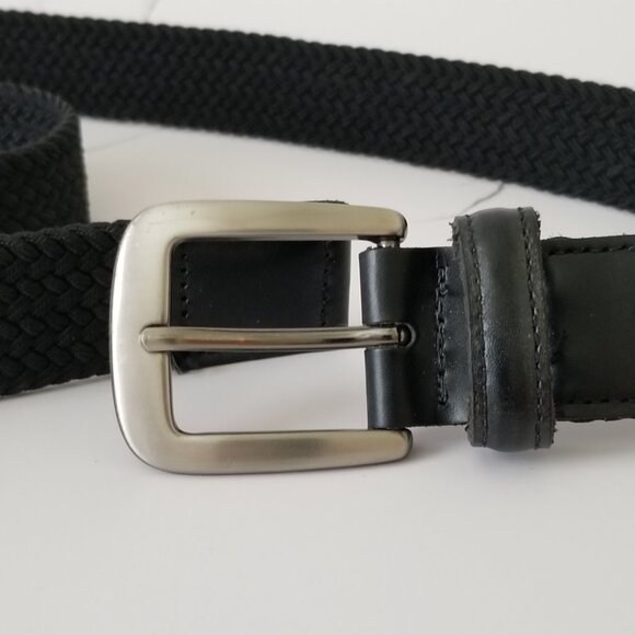 Black Woven Fabric Belt with Brushed Nickel Buckle & Faux Leather Tabs - 34/36 - Picture 2 of 10